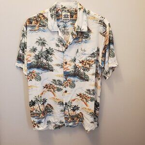 Men's Long-Ma-Lae Hawaii Shirt, Size xL, Cream, Palm Trees, Button front